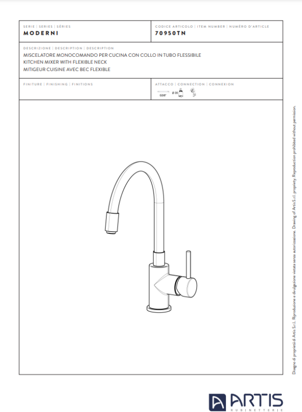 Miscelatore Monocomando per Cucina Collo in Tubo flessibile-Artis - immagine 2